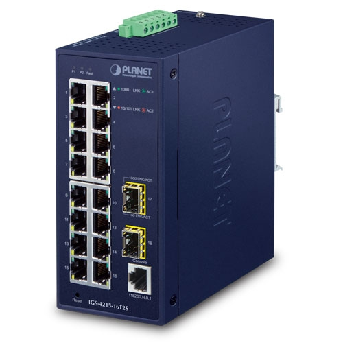 Managed L2/L4 Gigabit Ethernet switch in dark blue metal housing with 16 Ethernet ports, 2 SFP slots, and terminal block for power connection.