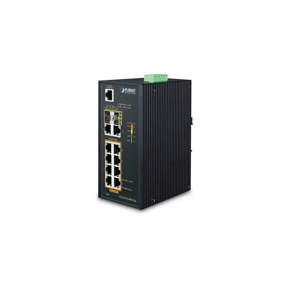 Black metal network switch with multiple Ethernet ports, featuring a green terminal block on top, designed for managed L2/L4 Gigabit Ethernet connectivity.
