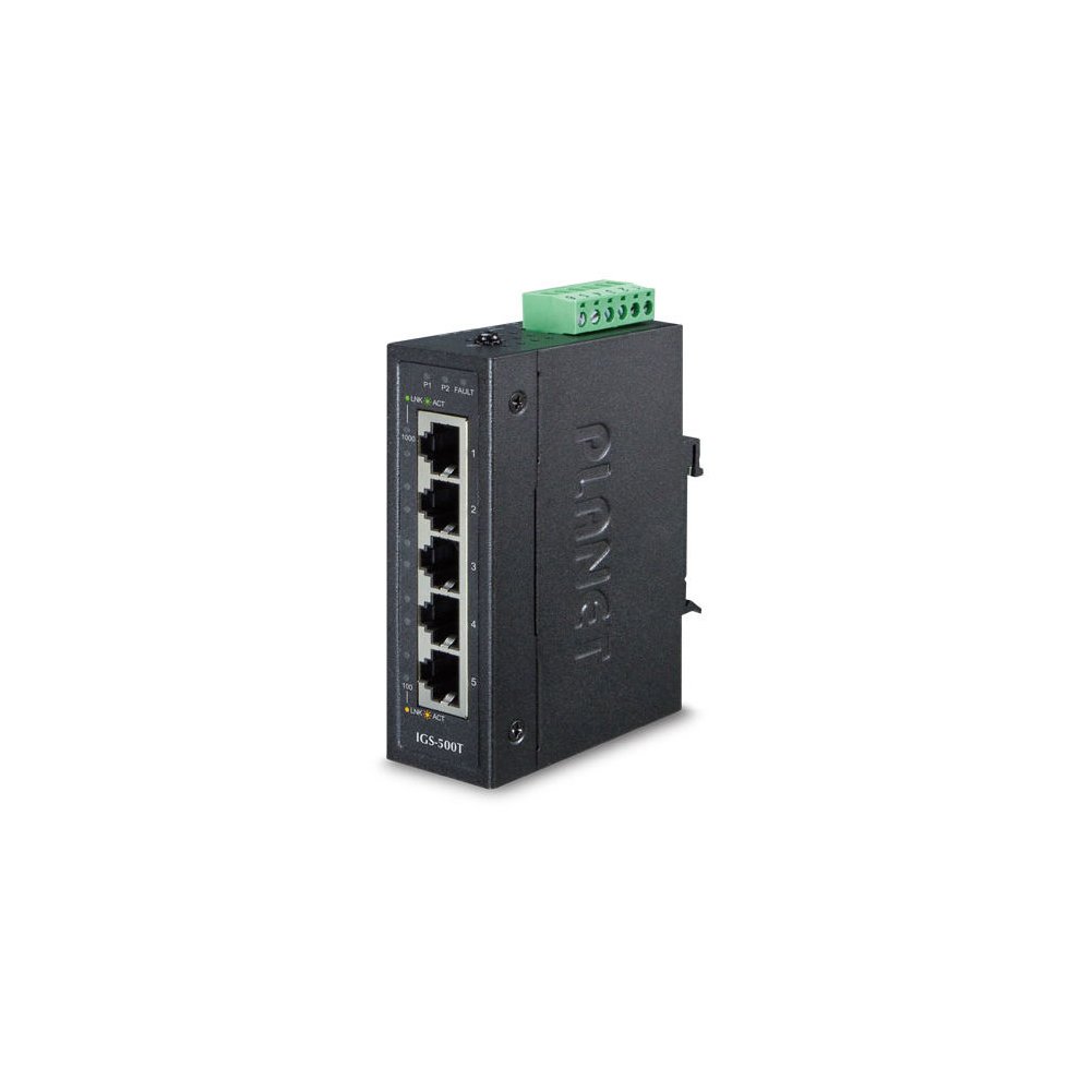 Black metal unmanaged gigabit Ethernet switch with five RJ45 ports, labeled for easy identification, and a green terminal block for power connection.