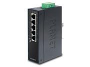 Black metal unmanaged gigabit Ethernet switch with five ports, labeled "PLANET," featuring a green terminal block for power input.