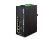 Black unmanaged L2 Gigabit Ethernet switch with five Ethernet ports, a green terminal block, and a compact design, suitable for network connectivity.
