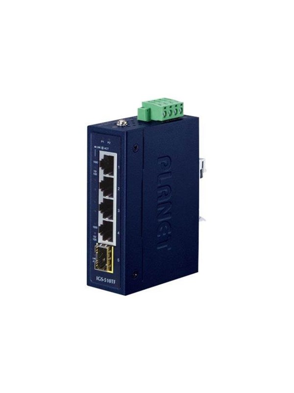 Unmanaged gigabit Ethernet switch in a blue metal casing with five Ethernet ports, one fiber port, and a terminal block for power connection.