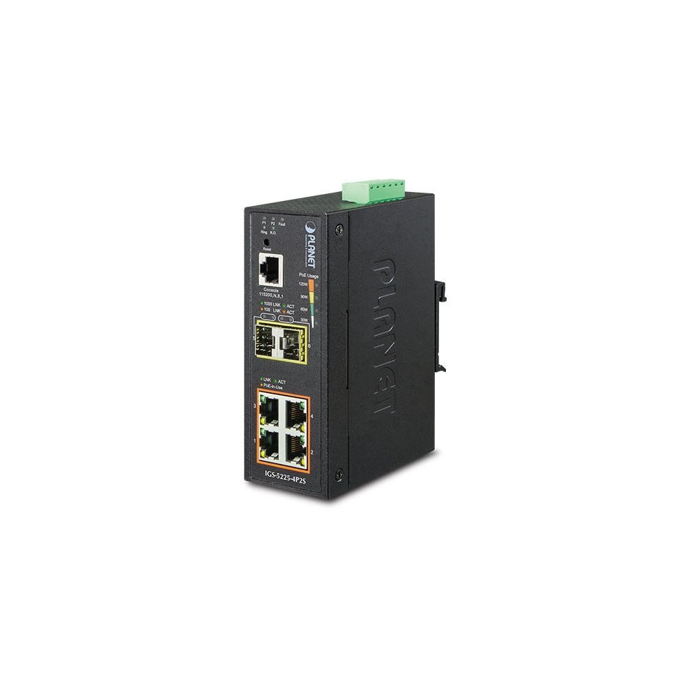 Managed L2+ Gigabit Ethernet network switch in black metal housing with four Ethernet ports, two SFP slots, and a green terminal block for power connections.