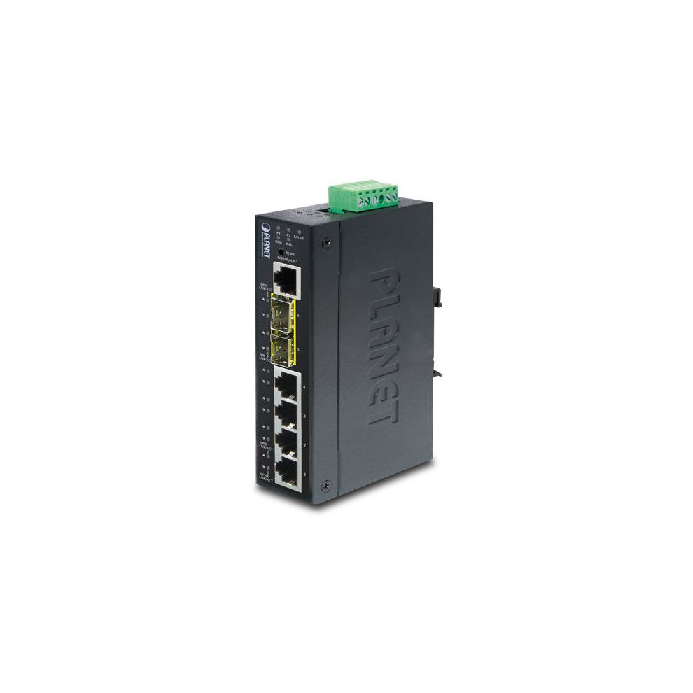 Black managed L2+ Gigabit Ethernet network switch with four Ethernet ports, two SFP slots, and a terminal block for power, featuring a sturdy metal casing and clear labeling.