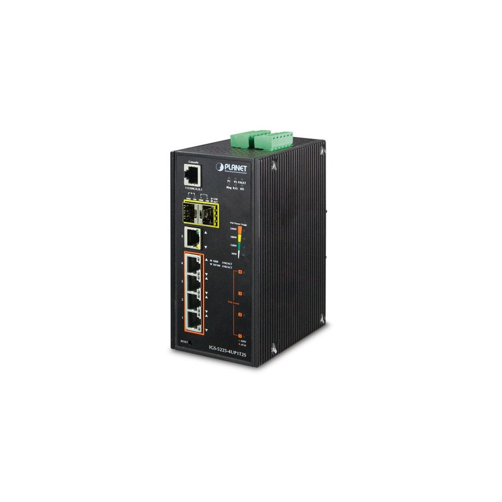 Black metal network switch with multiple Ethernet ports, a green terminal block, LED indicators, and a rugged design suitable for managed L2+ Gigabit Ethernet connections.