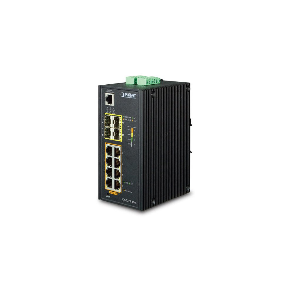 Managed L2+ Gigabit Ethernet switch with a black metal casing, featuring eight Ethernet ports, four SFP slots, LED indicators, and a terminal block for power connection.
