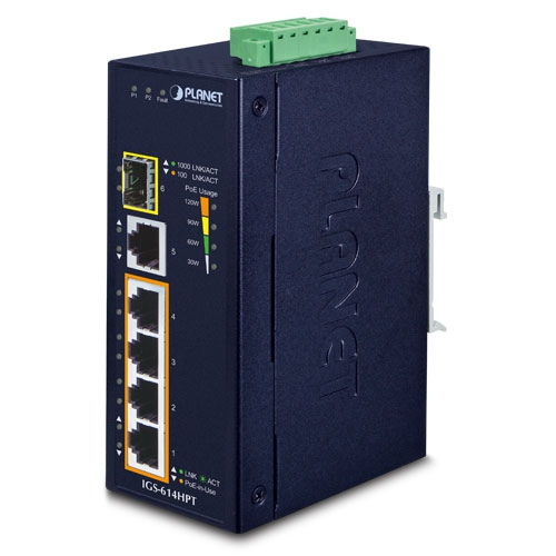 Unmanaged gigabit Ethernet switch with six ports, metal casing in dark blue, featuring LED indicators and a terminal block for power input.