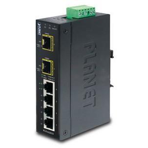 Unmanaged gigabit Ethernet switch in black metal casing with two SFP ports, four RJ45 ports, and a terminal block for power input.