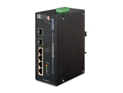 Unmanaged gigabit Ethernet switch in black metal casing with eight ports, two SFP slots, LED indicators, and a green terminal block for power connection.