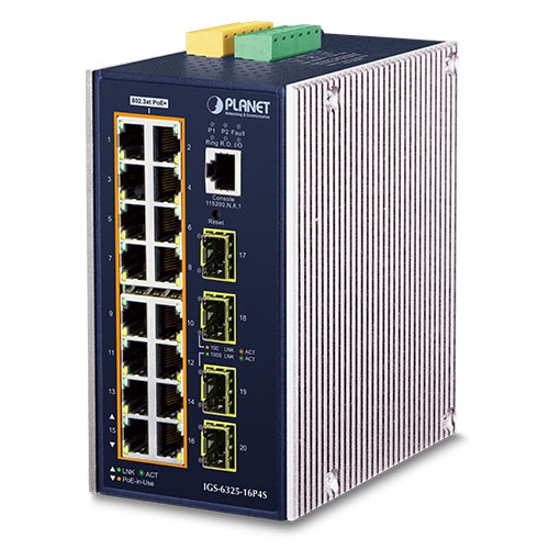 Managed switch with 16 RJ45 ports, featuring Power Over Ethernet, a metallic blue and silver casing, and green terminal blocks on top for additional connectivity.