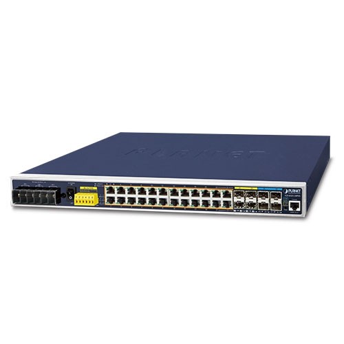 Managed L3 Gigabit Ethernet network switch with a sleek dark blue metal casing, featuring 24 Ethernet ports and 4 SFP slots, ideal for high-performance networking.