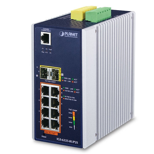 Managed L3 Gigabit Ethernet switch with eight 10/100/1000 Mbps ports, metal casing, and LED indicators; features two SFP slots and a reset button.