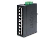 Black metal network switch with eight Ethernet ports, labeled for connectivity, featuring a green terminal block for power input and the "PLANET" logo embossed on the side.