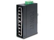 Black metal unmanaged Ethernet switch with eight RJ45 ports, labeled for easy identification, and a green terminal block for power input.