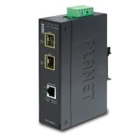 PLANET IGT-1205AT Network Media Converter in black metal housing, featuring two yellow Ethernet ports, one RJ45 port, and a green terminal block for connections.