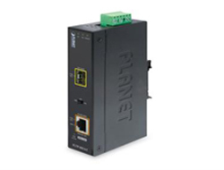 Black metal RJ45 media converter with yellow and green ports, featuring a half/full duplex switch, designed for multimode connectivity up to 120 km.