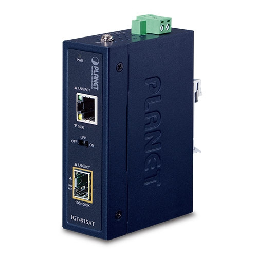PLANET IGT-815AT Network Media Converter in dark blue metal housing, featuring two Ethernet ports, power indicator, and a green terminal block for connections.