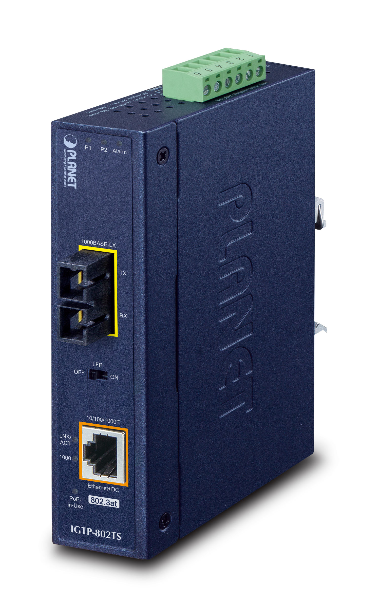 Planet RJ45 Industrial Media Converter in dark blue metal housing, featuring dual Ethernet ports, LED indicators, and a green terminal block for connections.