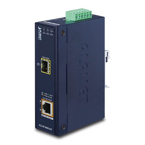 Blue metal network media converter with a 1000 Mbit/s capacity, featuring Ethernet ports, LED indicators, and a terminal block for power connection.
