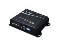 Black AV transmitter with a compact design, featuring multiple ports including a VGA and USB, and LED indicators for status.