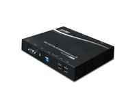 Black AV extender with multiple ports, including HDMI and USB, featuring a sleek design and a curved silver line on the top surface.