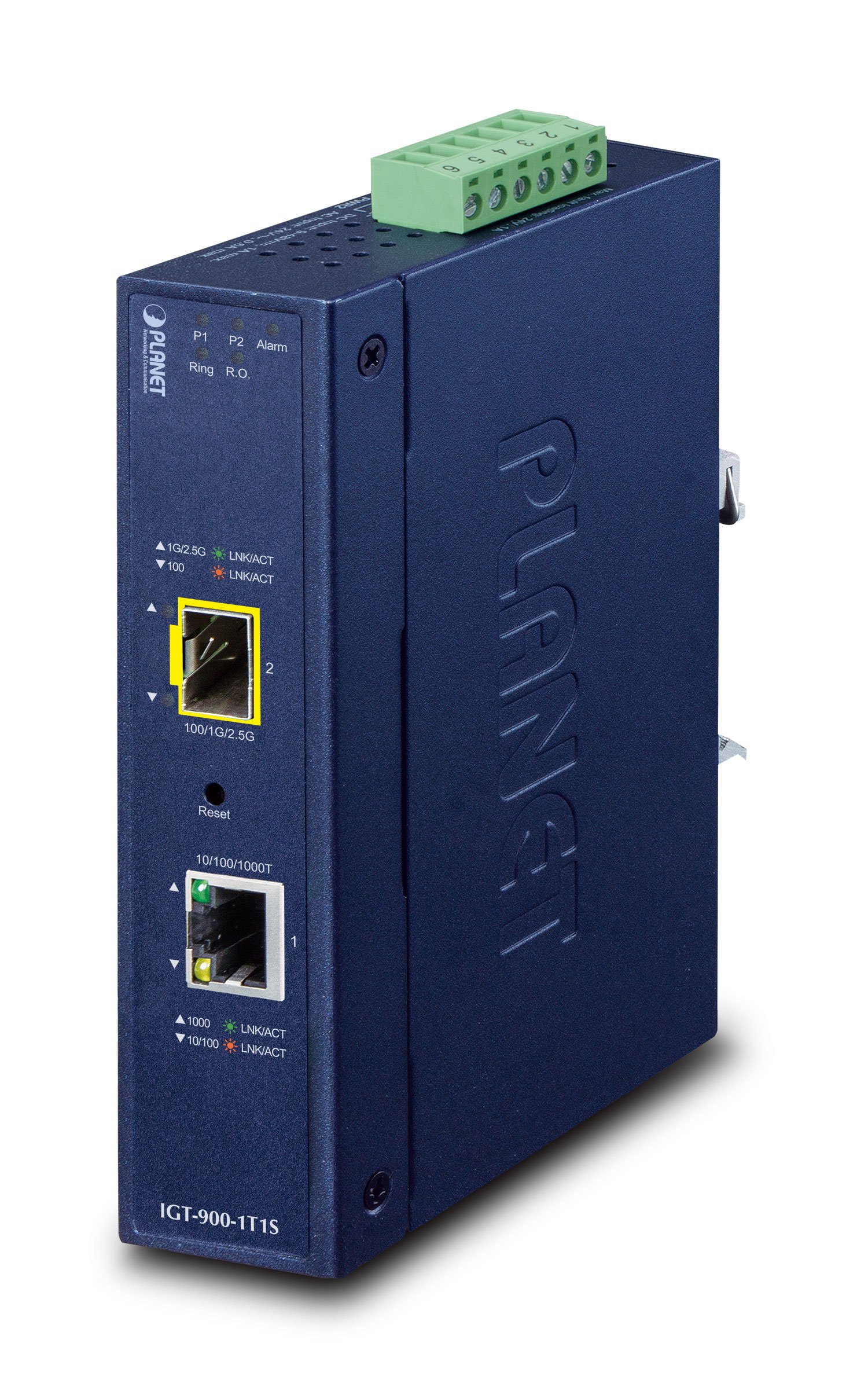 Blue metal network media converter with one Ethernet port, LED indicators for power and status, and a green terminal block for connections, labeled with "PLANET."