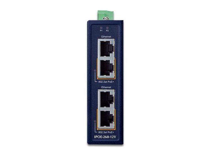 PLANET Industrial 2-port Gigabit Ethernet switch in dark blue metal housing, featuring two Ethernet ports with PoE support, and a green terminal block for power connection.