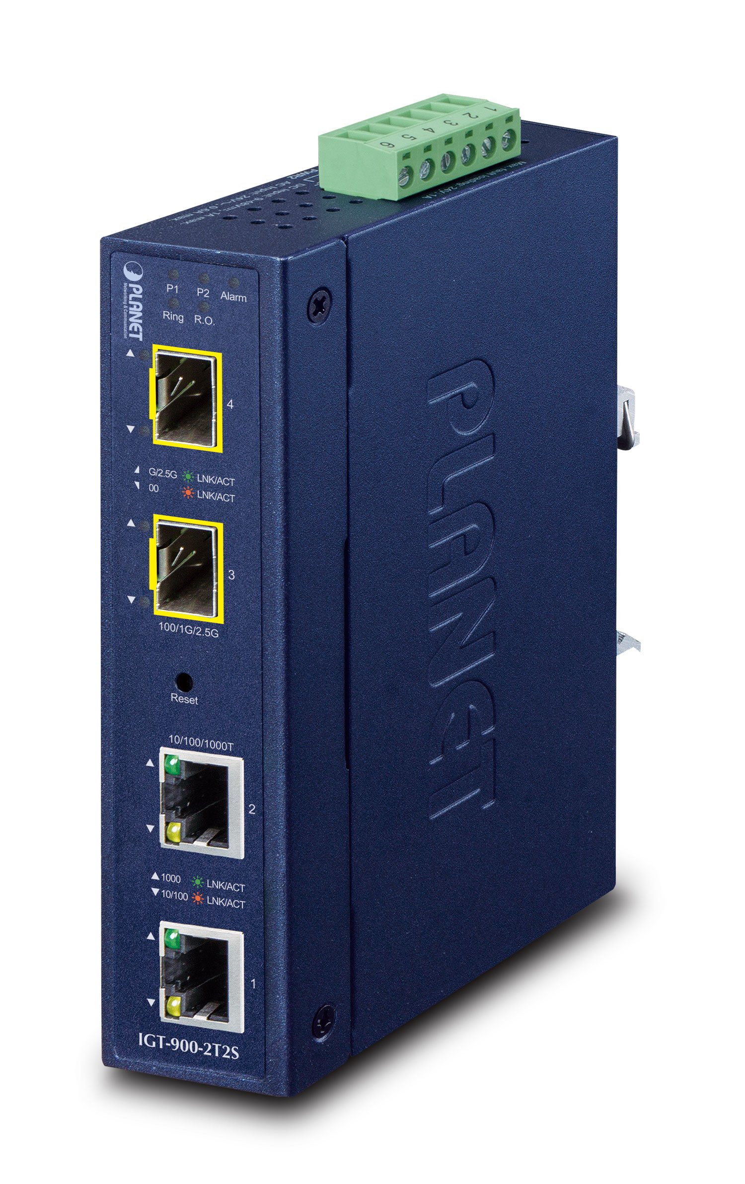 PLANET Industrial 2-Port Network Media Converter in blue metal housing, featuring two Ethernet ports, LED indicators, and a terminal block for power connections.