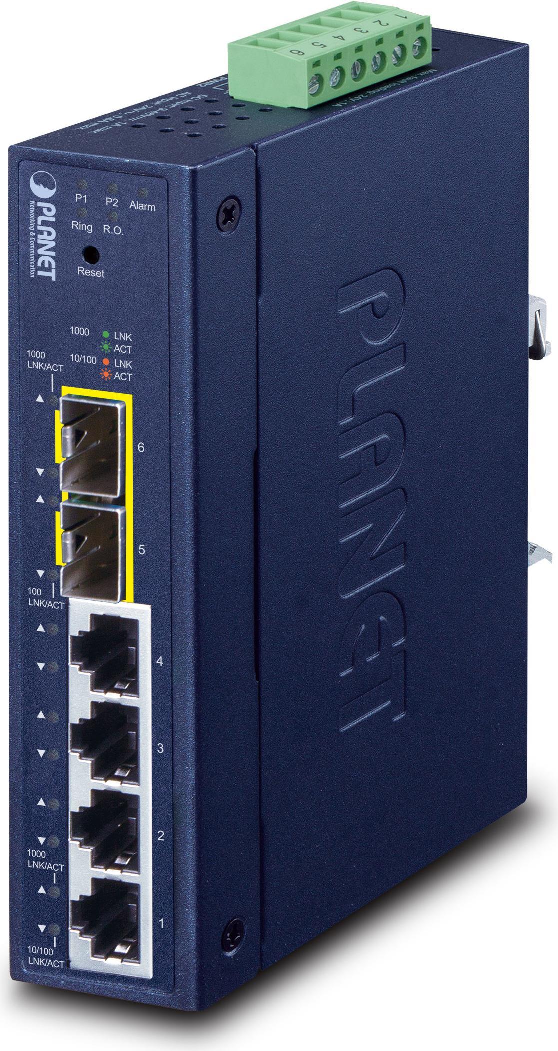 PLANET Industrial L2/L4 4-Port Managed Gigabit Ethernet switch in a dark blue metal casing with four Ethernet ports, LED indicators, and a green terminal block connector on top.