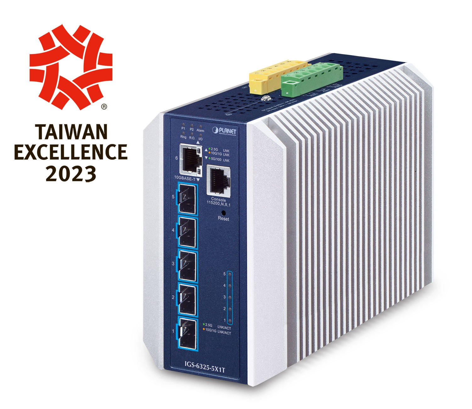PLANET Industrial Layer 3 5-Port Managed L3 10G Ethernet switch with a rugged silver and blue metal casing, featuring five Ethernet ports, LED indicators, and a reset button.