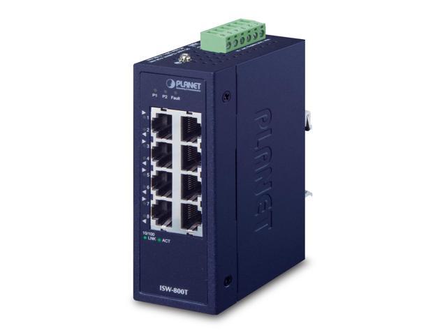 Compact blue metal switch with eight Ethernet ports, LED indicators for power and activity, and a green terminal block for additional connections.