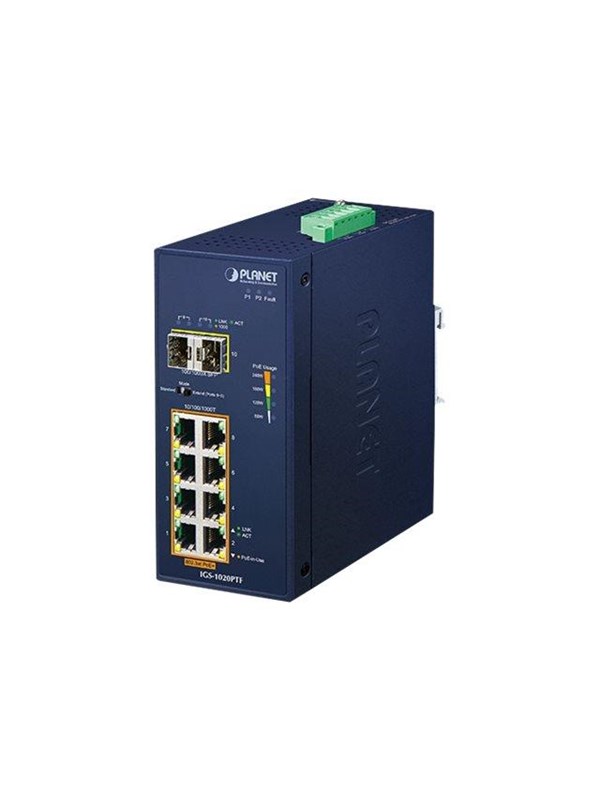 PLANET IP30 Ind 8-P 10/100/1000T Unmanaged Gigabit Ethernet switch in a blue metal casing with eight Ethernet ports and two SFP slots, featuring a compact design for industrial use.