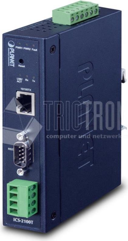 PLANET IP30 Industrial 1-Port Serial Server in dark blue metal housing, featuring Ethernet port, RS232 connector, and removable terminal block for easy connectivity.