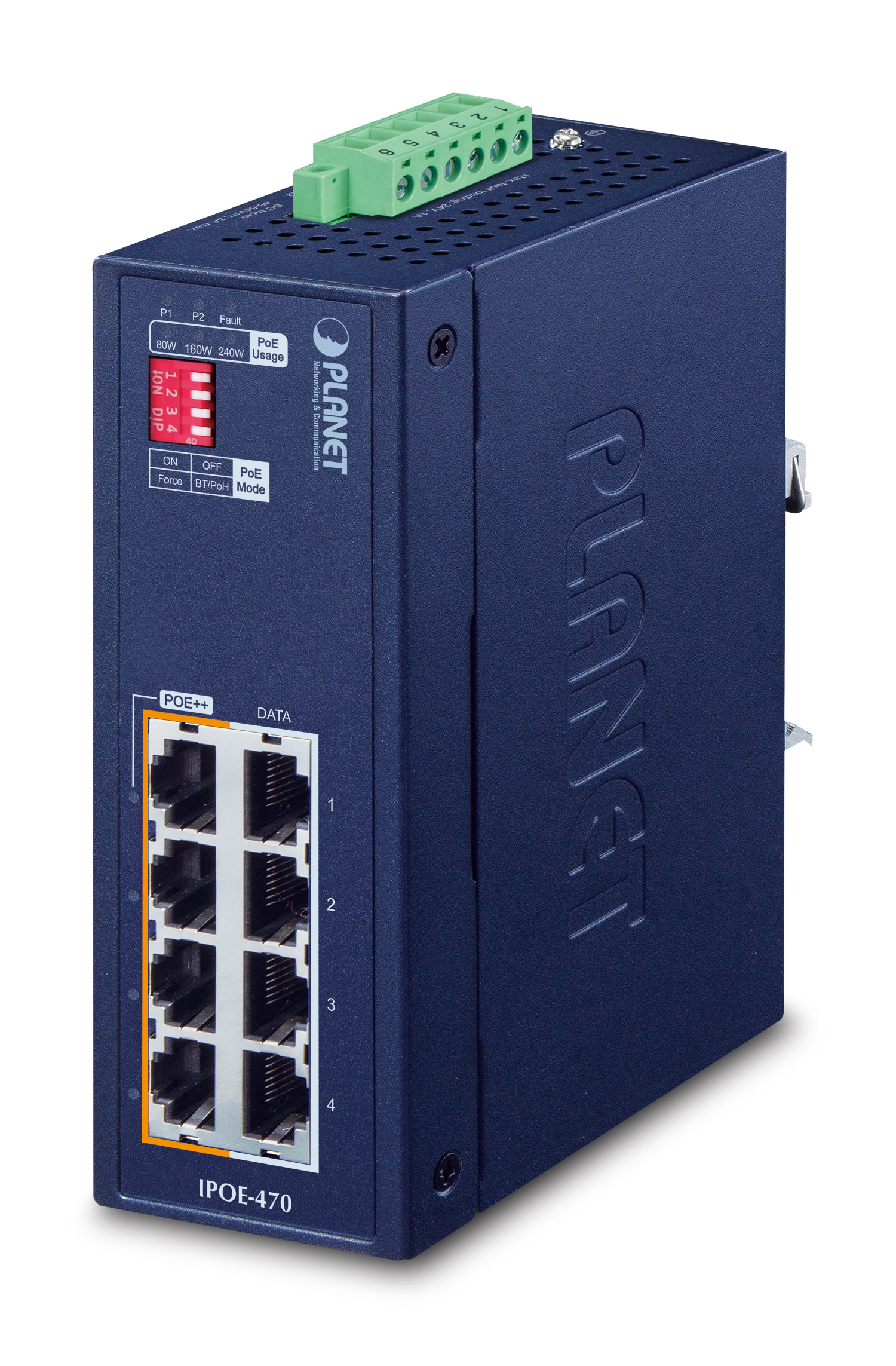PLANET IP30 Industrial 4-port Gigabit Ethernet switch in a rugged blue metal casing, featuring four Ethernet ports, a green terminal block, and LED indicators for power and data status.