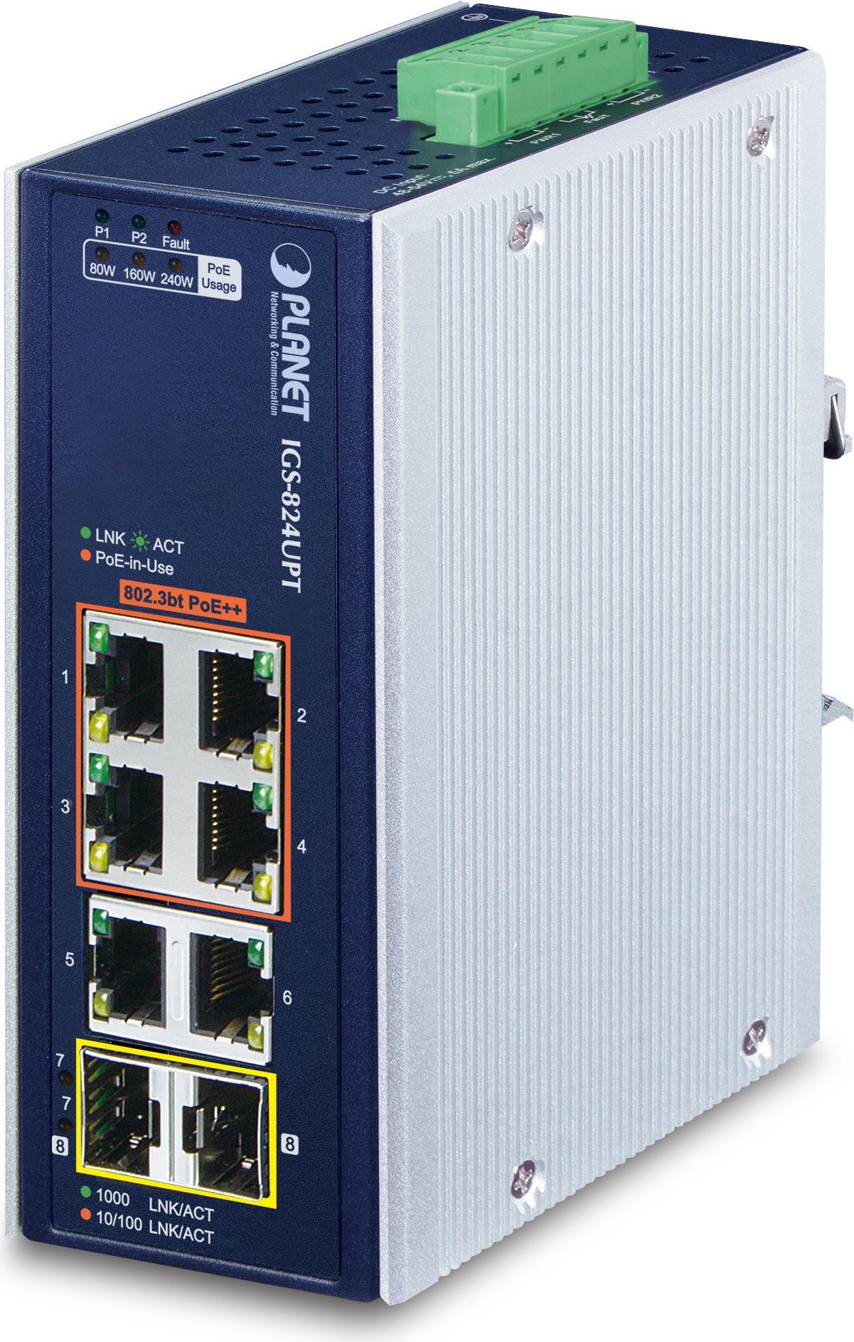 PLANET IP30 Industrial 4-Port Unmanaged Gigabit Ethernet switch in a metallic blue and gray casing, featuring four Ethernet ports and a green terminal block for power connections.