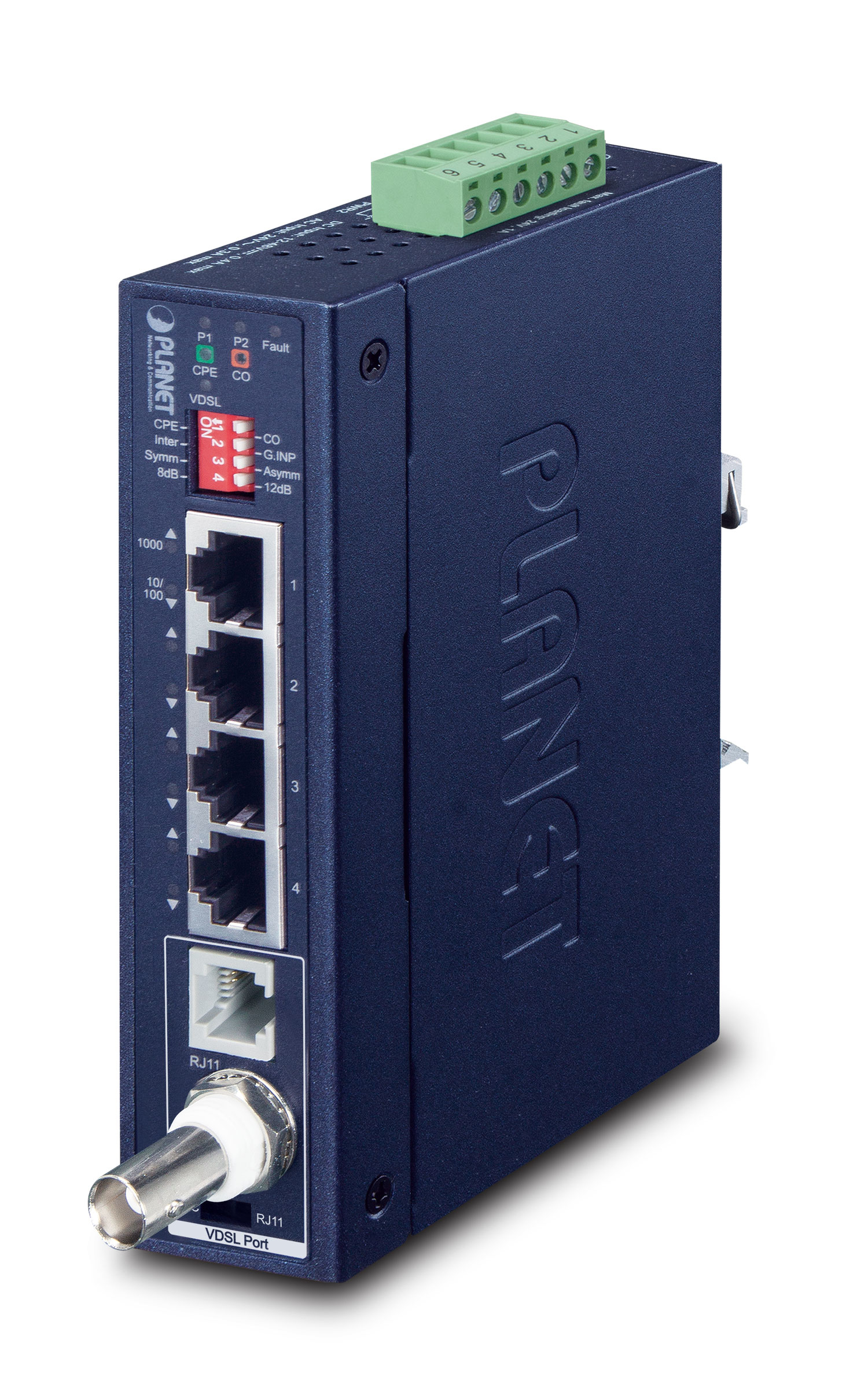 PLANET IP30 Industrial Gigabit Ethernet Network Transmitter & Receiver in a dark blue metal casing, featuring multiple Ethernet ports, LED indicators, and a green terminal block.