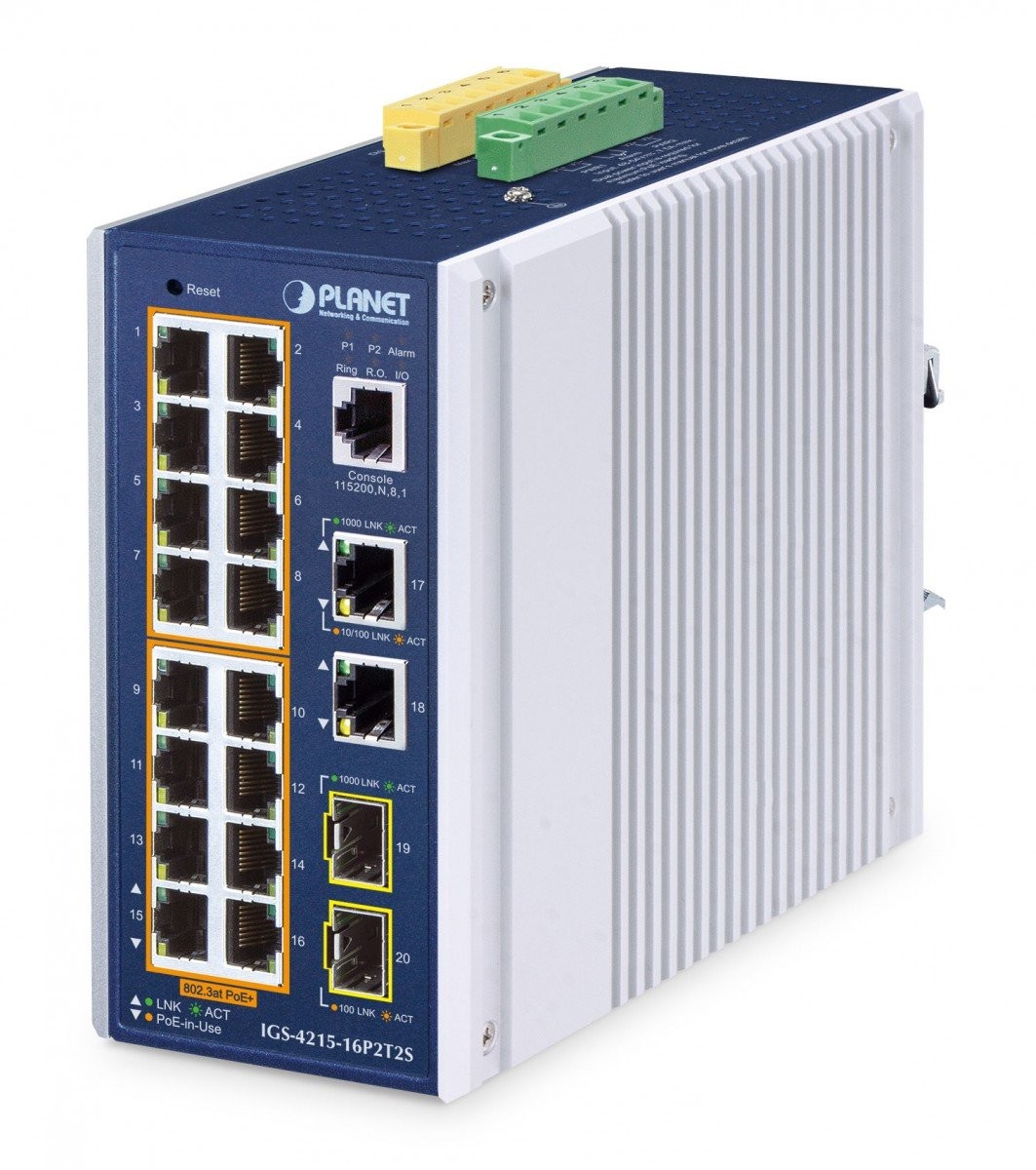 Managed switch with 16 RJ45 ports, featuring a blue and silver metal casing, LED indicators, and terminal block for power input, designed for Power Over Ethernet applications.