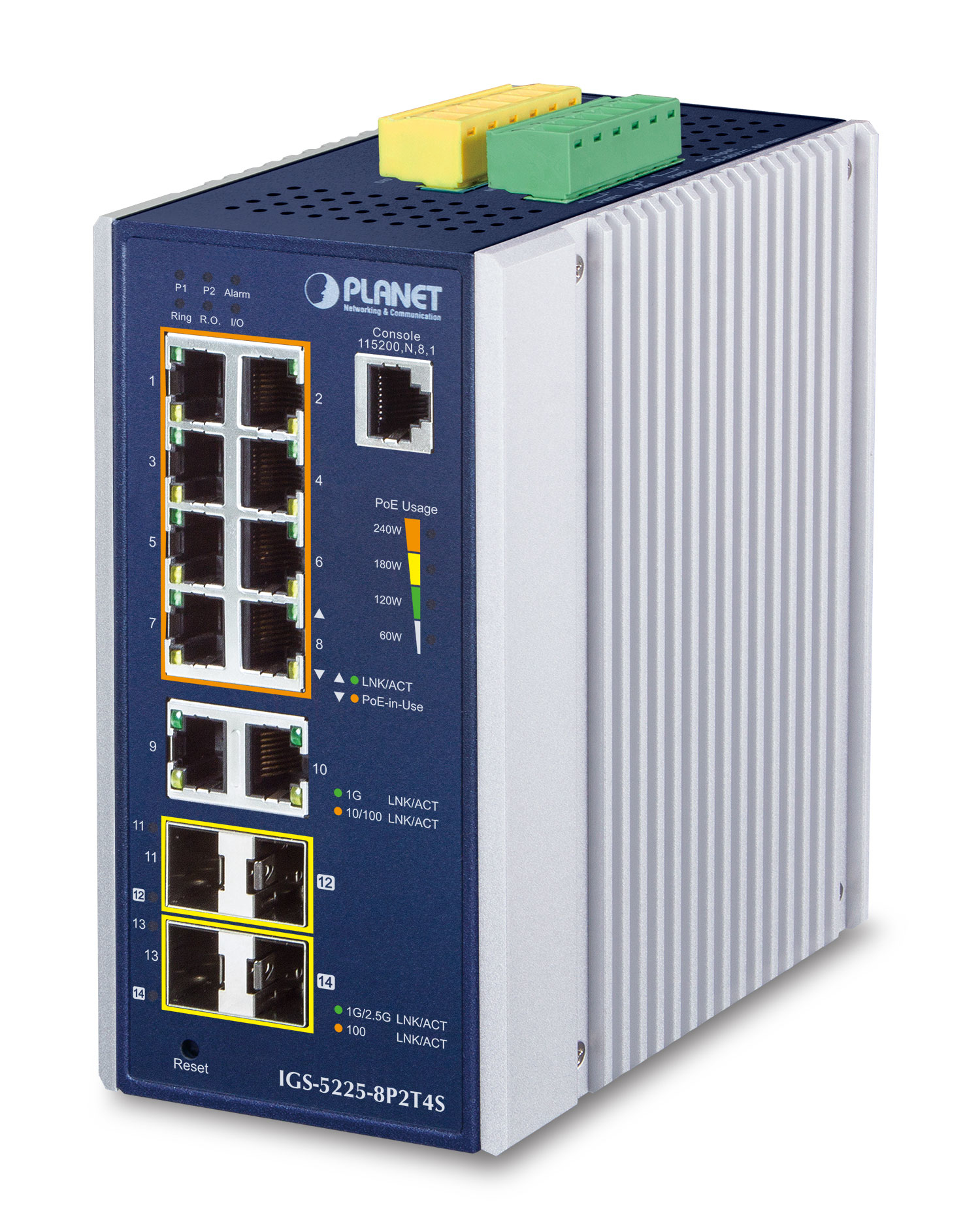 PLANET IP30 Industrial L2+/L4 8-Port Managed Gigabit Ethernet switch in a gray metal casing with eight Ethernet ports, LED indicators, and a reset button on the front panel.
