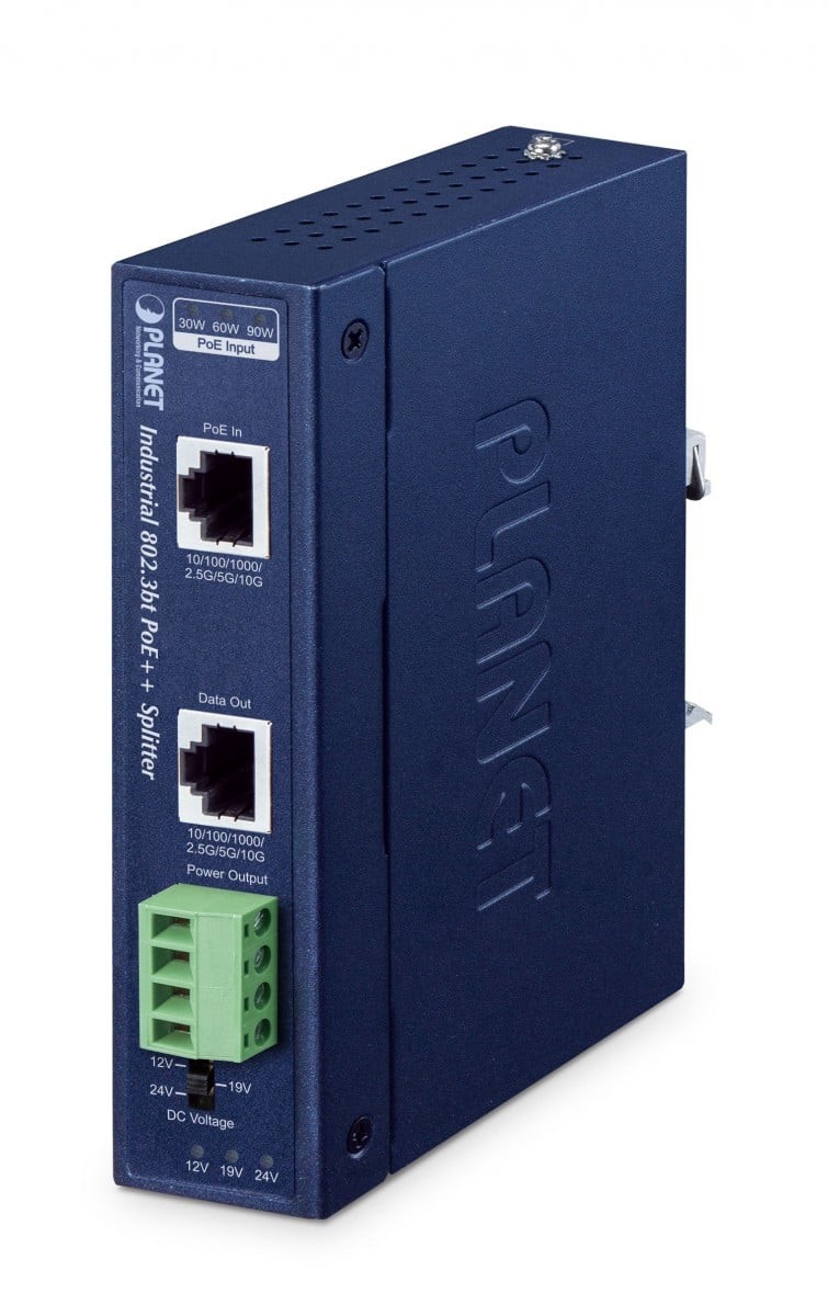 Blue metal PoE++ splitter with two Ethernet ports, a green terminal block for power output, and labeled specifications for input and output voltages.