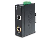 Black metal PoE injector with two Ethernet ports, labeled input and output, featuring a green terminal block on top for connections, and "PLANET" logo prominently displayed.