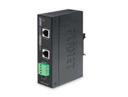 Black metal PoE splitter with two Ethernet ports, a green terminal block for power input, and the "PLANET" logo prominently displayed on the side.
