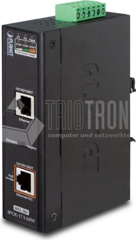 Black metal network switch with two Ethernet ports labeled 10/100/1000, a power input terminal block, and LED indicators for power and usage.