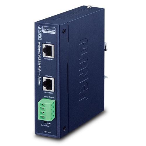 PLANET IPOE-173S Network Splitter in blue metal housing features two Ethernet ports, a green terminal block for power output, and labels for PoE input and data output.