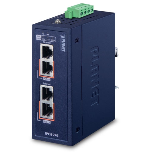 PLANET IPOE-270 Network Switch in blue, featuring three Ethernet ports, Power over Ethernet (PoE) capability, and a green terminal block connector for additional power input.