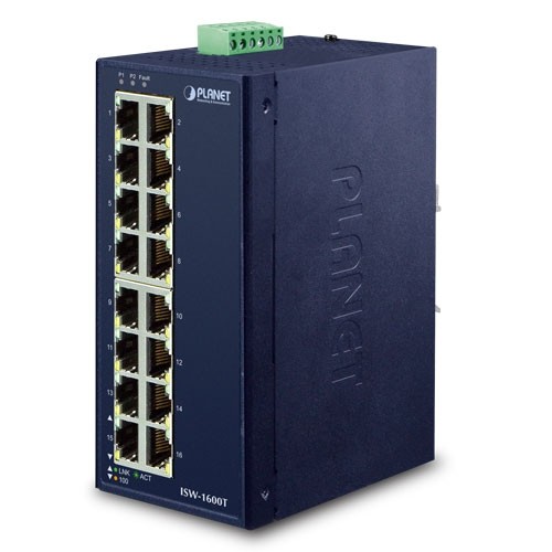 Blue unmanaged network switch with 16 Fast Ethernet ports, labeled for easy identification, featuring a sturdy metal casing and a green terminal block for power connection.