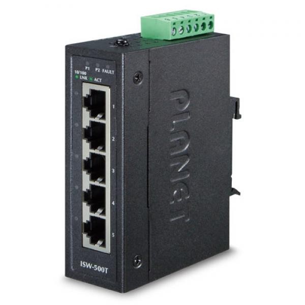 Black unmanaged network switch with five Fast Ethernet ports (10/100), labeled indicators for power and link status, and a green terminal block connector on top.