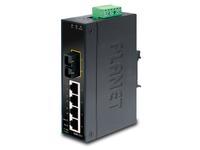 Black unmanaged L2 fast Ethernet network switch with five ports, featuring a green terminal block and labeled ports for easy connectivity.