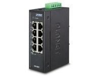 Black unmanaged L2 Fast Ethernet network switch with six 10/100 ports, labeled "PLANET," and a green terminal block for power connection.