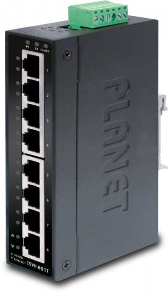Black metal unmanaged Ethernet switch with eight RJ45 ports, labeled P1 to P8, and a terminal block for power input, featuring a sleek design and the "PLANET" logo prominently displayed.