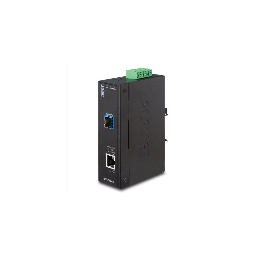 Black metal network media converter with a blue port and a green terminal block, featuring Ethernet and SFP slots, capable of 20000 Mbit/s data transfer.